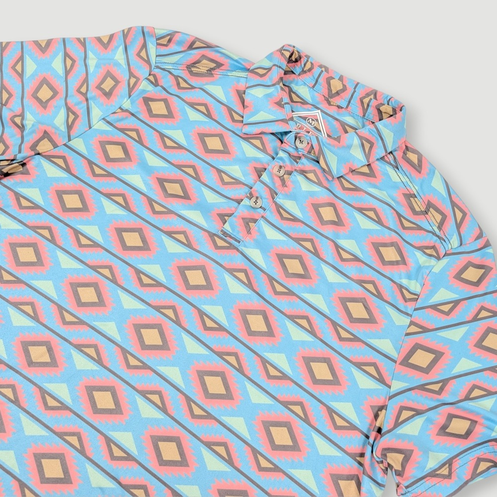 Burlebo Performance Polo Men Medium Blue Geometric Southwestern Aztec Print